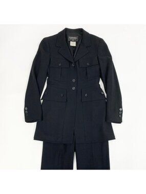 Chanel Vintage Style Up Jacket Pants Black Wool Lycra Set